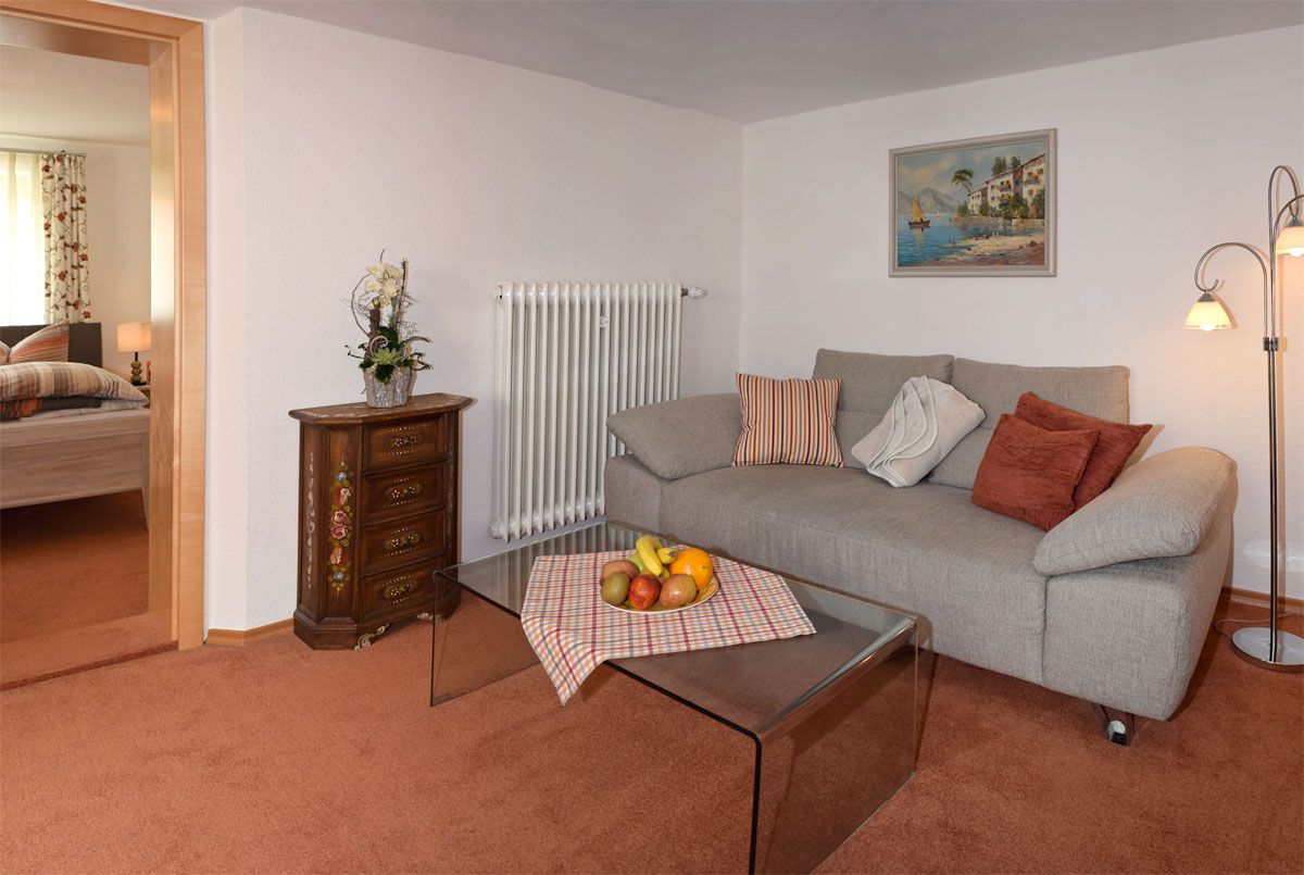 Wohnzimmer mit Sofa, Fernseher und Zugang zum Schlafzimmer