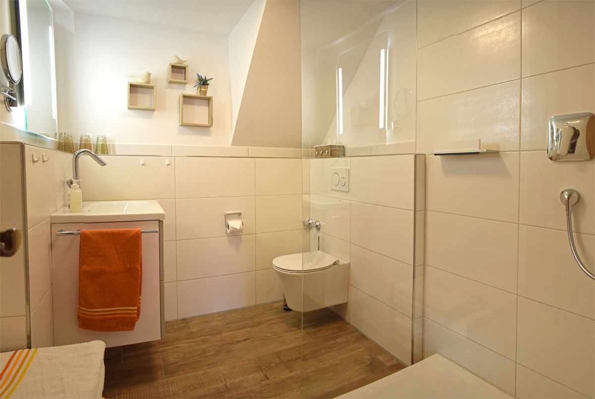 Badezimmer mit begehbarer Dusche, Waschbecken und WC